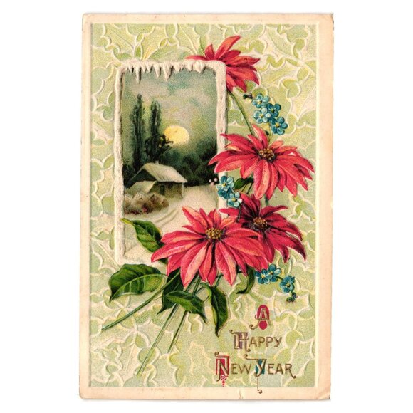 Vintage 1913 New Year Postcard Floral Design Scenic Winter Landscape 1 Cent Stam - Picture 1 of 2